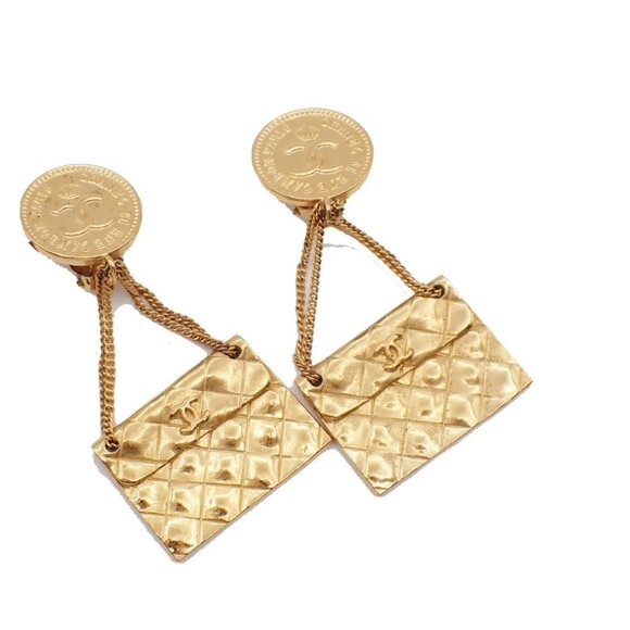 CHANEL CC Logo Matelasse Bag Shape Drop Earrings Clip-On 26 Gold Vintage - Picture 1 of 13